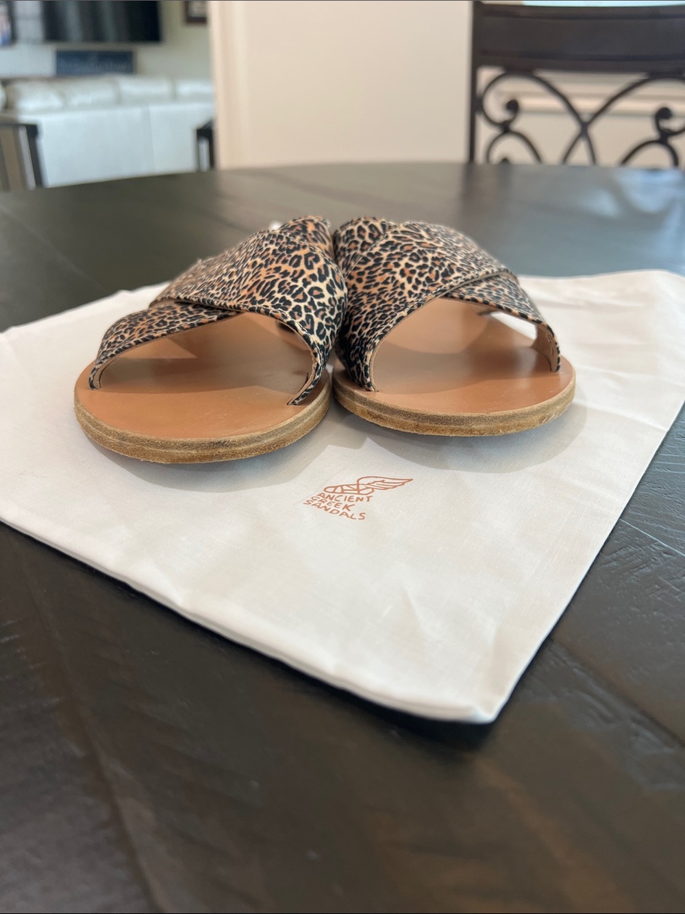 Ancient Greek Sandals Leopard Print Crisscross Slide Sandals - Tan/Black - Picture 2 of 4